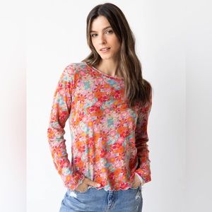 Natural Life XL Lily Printed Knit Long Sleeve Tee Shirt - Bright Pink Red Floral